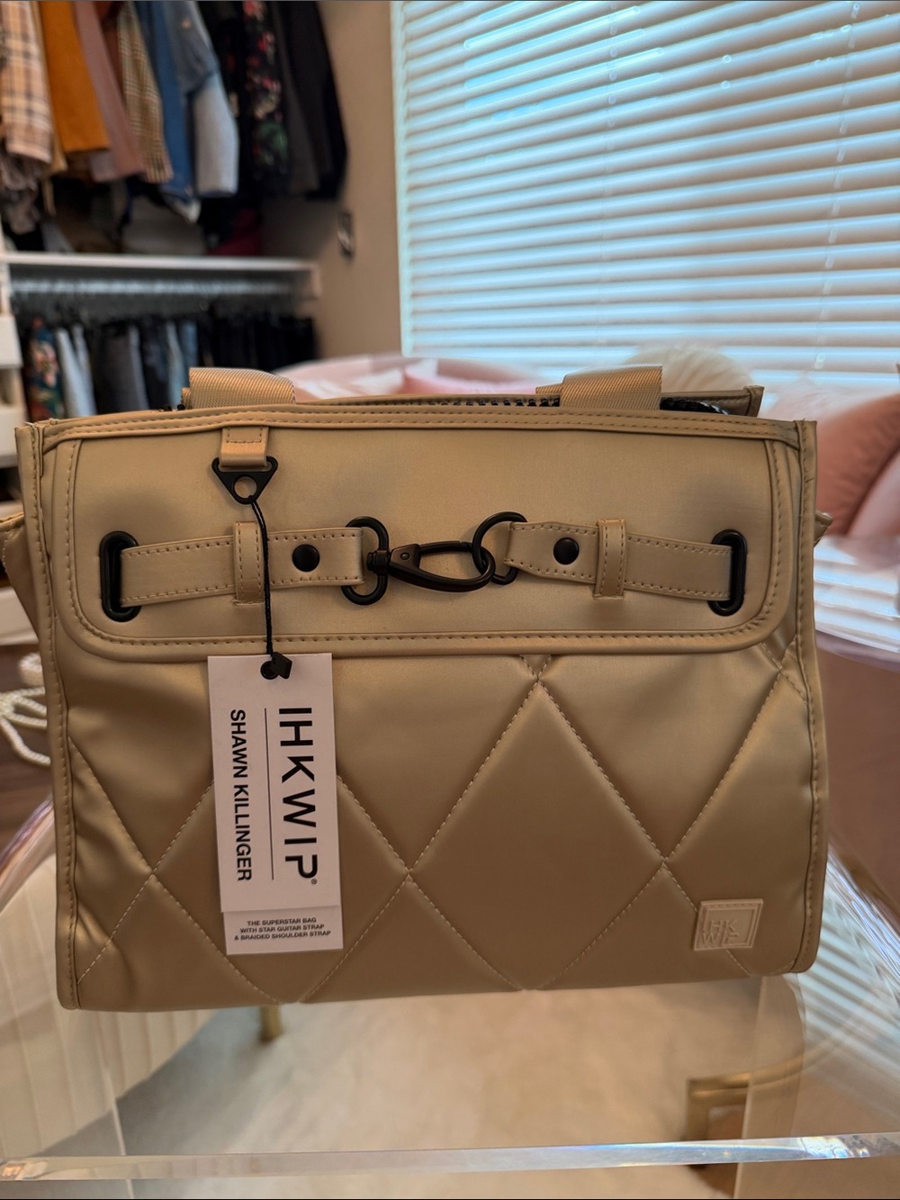 Ihkwip Quilted Metallic Gold Satchel with Black Hardware